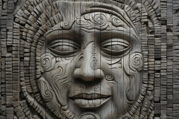 A detailed face is carved into wood, showcasing the beauty of sculptured art.