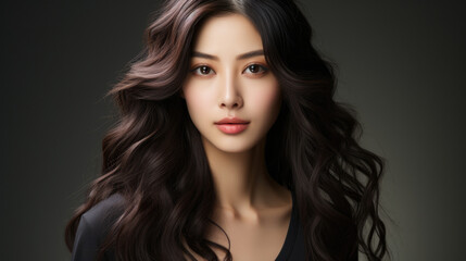 Fototapeta premium young asian woman with long curly hairstyle on dark background, can be used for shampoo ad