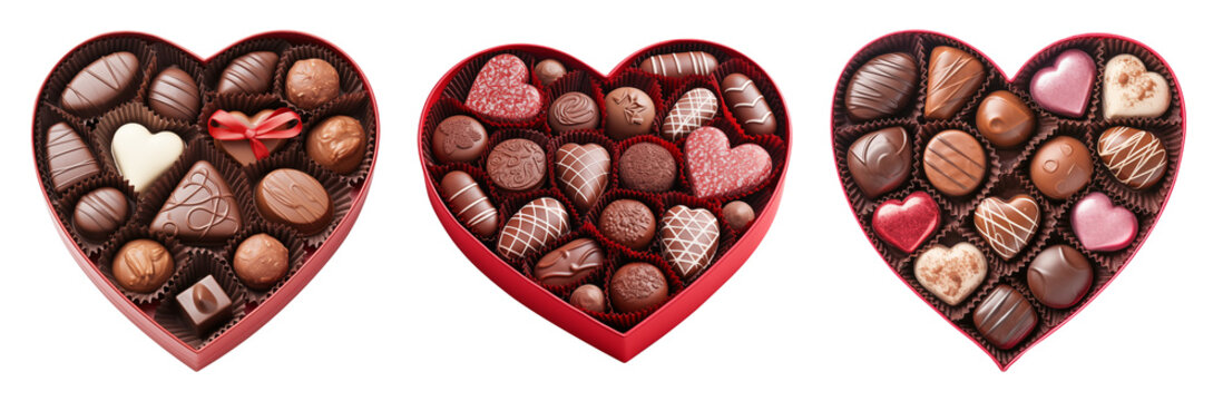 collection of open heart shaped gift chocolate boxes with chocolate