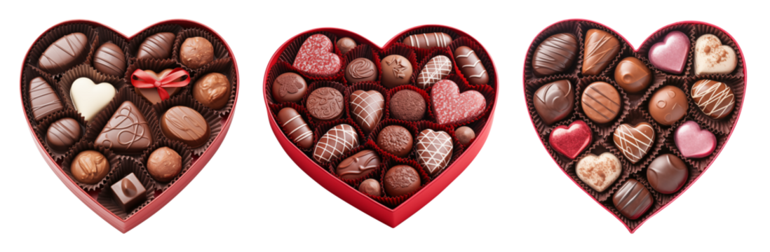 collection of open heart shaped gift chocolate boxes with chocolate