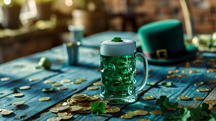 Obraz na płótnie Canvas st patrick's day background on wooden board mug of green ale shamrock for cover for website or flyer with space for text