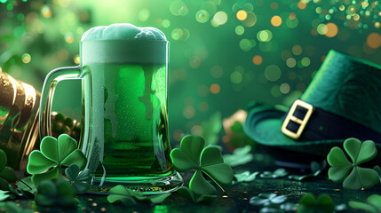 st patrick's day background on a wooden board mug of green ale shamrock leprechaun hat and gold coins for cover for website or flyer