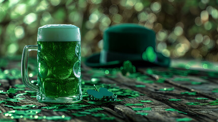 st patrick's day background on wooden board , hat and clover