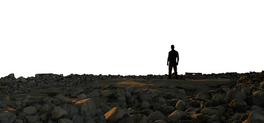 Man Standing by River Bank, Rocky Shore. PNG Cutout. 3d Rendering