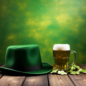 st. patrick's day background on a wooden board mug of green ale leprechaun hat and gold coins for the cover for the site