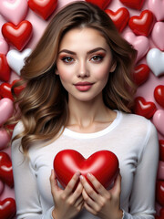 celebration for Valentine's Day with beautiful young woman holds a red heart in her hands.