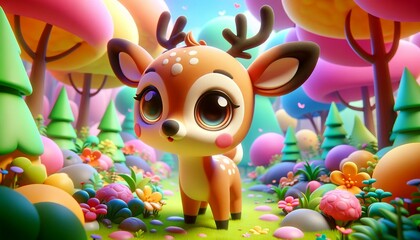Naklejka premium Funny deer in the forest. 3d illustration. Cartoon style.
