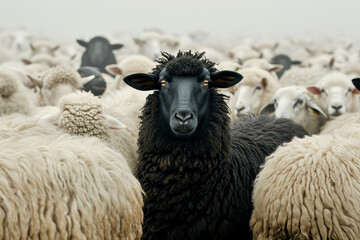 Fototapeta premium A flock of white sheep with black in the middle. generative ai