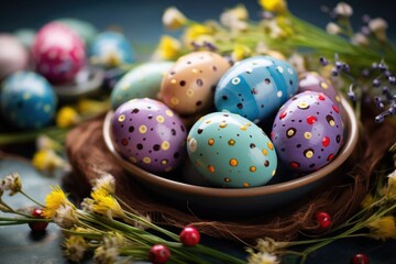 A Close-Up View of Easter Eggs Decorated with Lovely Flower Designs - Generative Ai