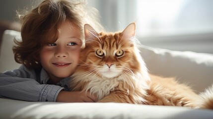 portrait of big ginger cat with boy at home in white living room