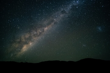 The Milky Way galaxy stretching across a dark starry sky with the silhouette of mountains below. In...