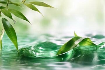 Fototapeta na wymiar Tranquil spa banner. Bamboo leaf on transparent water wave in sunlight. Ideal concept for travel, cosmetics, and beauty care promotions.