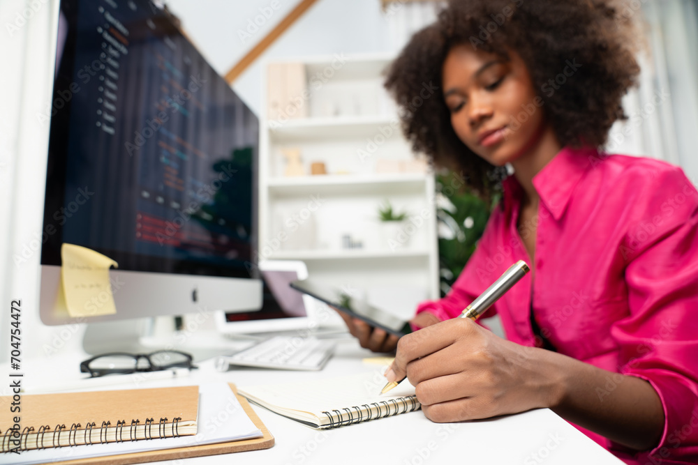 Poster young working african woman creating coding website developer, thinking data information designer at