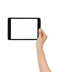 Hand holding the black digital tablet with mockup of blank screen on isolated white background.