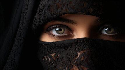 Portrait of woman in traditional veil with intricate lace detailing. Her eyes are the focal point - obrazy, fototapety, plakaty