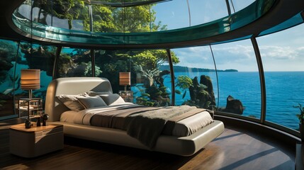 Modern bedroom with a large curved glass window overlooking the ocean and a coral reef