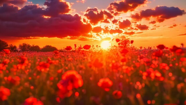 red flowers with beautiful sunset over fields panorama