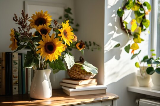 a table with a vase of sunflowers on it. generative ai