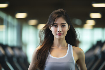 Portrait of a beautiful cute and charming asian women in fitness center.