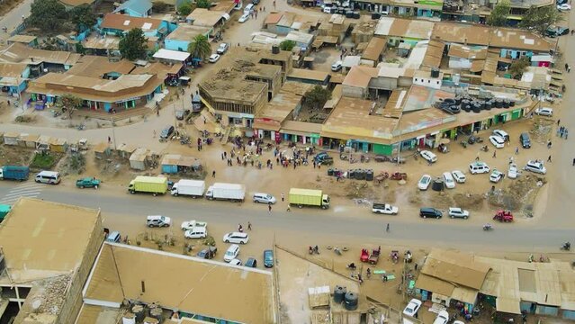 Birdseye aerial view of Loitokitok kenya, shanty poor neighborhood of Nairobi suburbs, Kenya. Densely populated area without running water and electricity, top down drone shot
