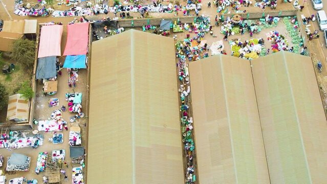 Birdseye aerial view of Loitokitok kenya, shanty poor neighborhood of Nairobi suburbs, Kenya. Densely populated area without running water and electricity, top down drone shot