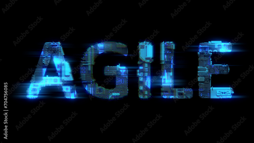 Aufkleber bokeh glitch electric light cybernetic blue text agile, isolated - object 3d rendering