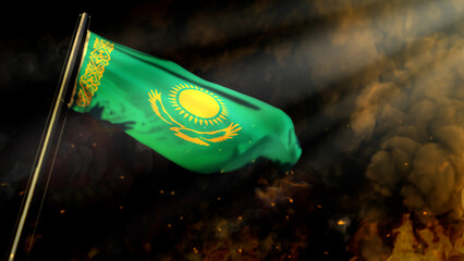 bokeh Kazakhstan flag on smoke with sun beams background - cataclysm concept - abstract 3D rendering