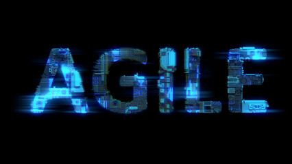 bokeh glitch electric light cybernetic blue text AGILE, isolated - object 3D rendering