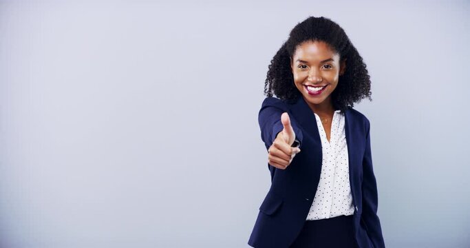 Face, thumbs up and down by business woman with hand, vote or feedback on grey background. Portrait, gesture or entrepreneur with emoji rating, comparison or results, review or different expression
