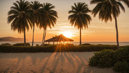 best shot of a beach sunset surrounded by palm trees during the golden hour highlight the warm tones and create a composition that emphasizes the natural beauty of the coastline as the day gracefully 