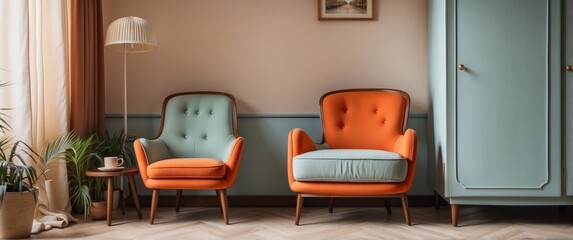 Interior of a living room with two orange armchairs and a coffee table