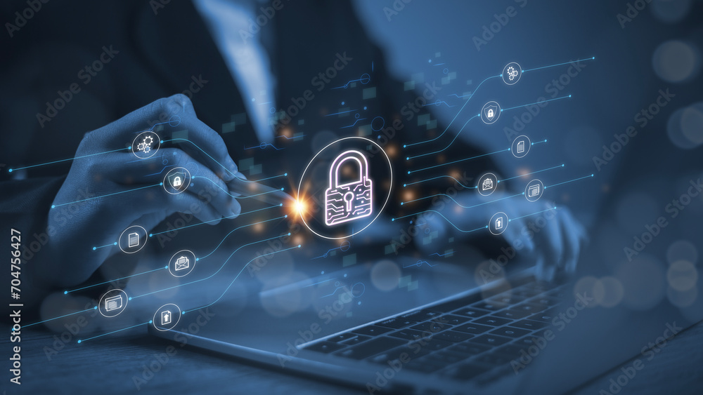 Aufkleber with global network security technology, business people protect personal information. encryption wi