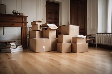 Moving boxes in a new house. Concept of moving to a new house