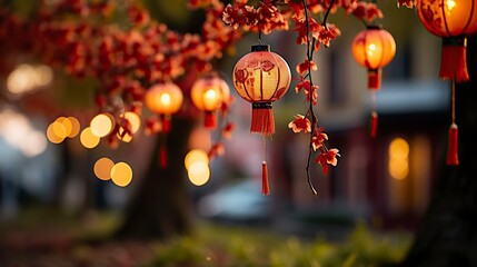A row of red chinese lanterns   bokeh ,New Year Celebration, Chinese New year, Chinese New year Celebratin