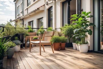 Fototapeta na wymiar Outdoor terrace with wooden chairs and plants in pots on terrace