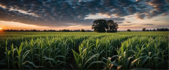 Sunset over corn field with a tree in the background. Panorama