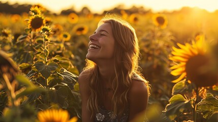 Golden Hour in Sunflower Field - Person Surrounded by Blooming Sunflowers Bathed in Warm Sunset Light