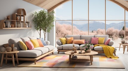 Modern living room interior with large windows and colorful furniture - obrazy, fototapety, plakaty