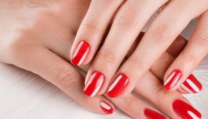 Beautiful female hands with red manicure on a wooden background.