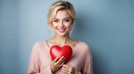 celebration for Valentine's Day with beautiful young woman holds a red heart in her hands.