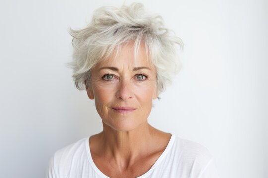 Portrait of senior woman with grey hair against white wall background.