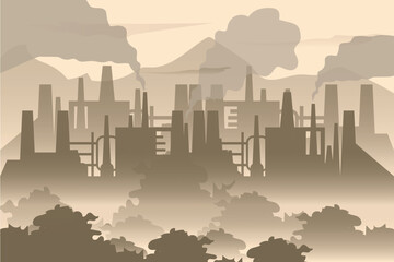 Illustration of a factory chimney polluting the air and trees flat style