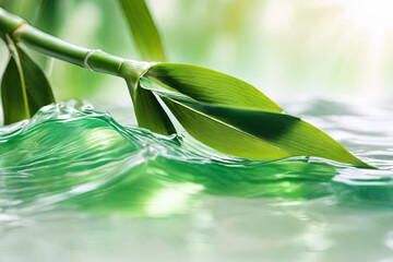 Obraz premium Tranquil spa banner. Bamboo leaf on transparent water wave in sunlight. Ideal concept for travel, cosmetics, and beauty care promotions.