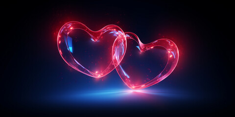 glowing heart in the night, fiery glowing heart embracing on black background,Hearts in love, valentine's day, romance, hearts in the middle of a beautiful background, 3d rendering