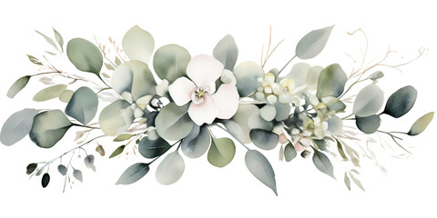 Fototapeta na wymiar Watercolor floral border with baby and silver dollar eucalyptus leaves 