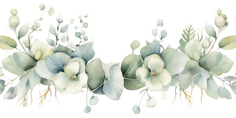 Watercolor floral border with baby and silver dollar eucalyptus leaves 