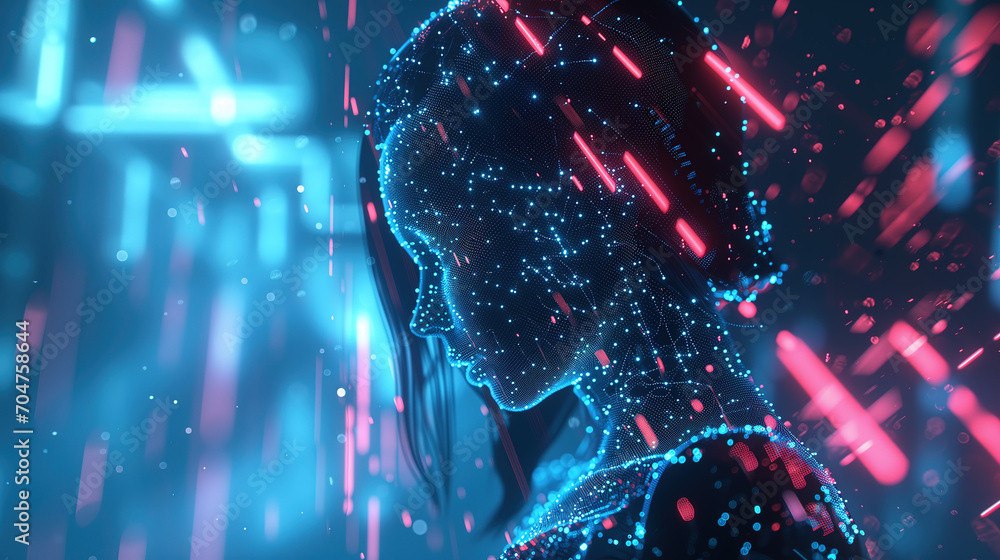 Poster futuristic cybernetic human head and 3d models with glowing circuitry, advanced technology, artifici