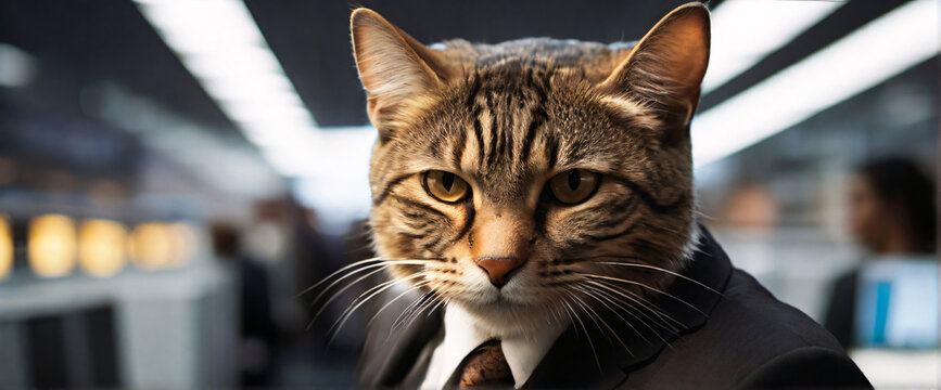 buying stocks with a mesmerizing depiction of an business Cat, their back presented in a half-turn, wearing suits in an office, seated in front of a commanding monitor, engrossed in the process of
