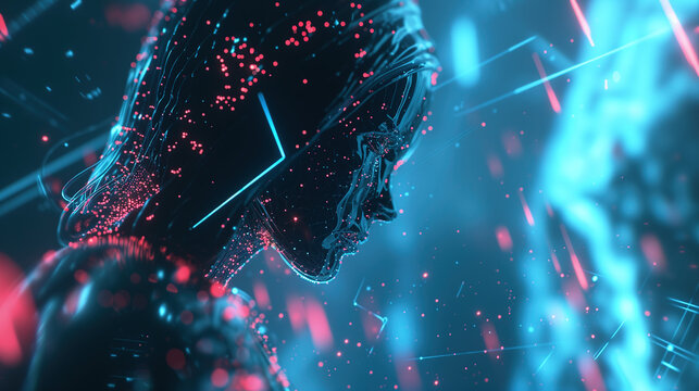 Futuristic Cybernetic Human Head and 3D Models with Glowing Circuitry, Advanced Technology, Artificial Intelligence, Dynamic Lighting, and Mesh Concept