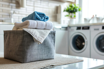 Box with towels on the table in laundry room with washing machines